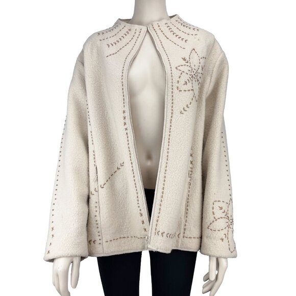 VTG Icelandic Design Embroidered Wool Lined Zip-up Cream Jacket (M to) XXL - Picture 1 of 13